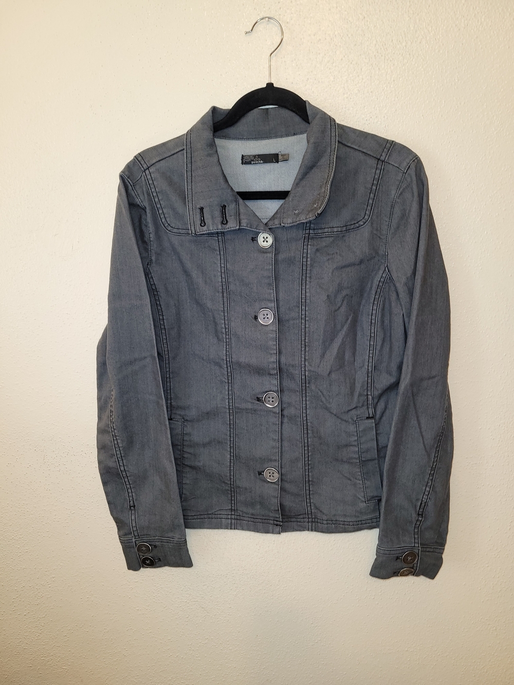 prAna Gray Stretch Twill Utility Jacket Women's Large Button Front Cotton Blend